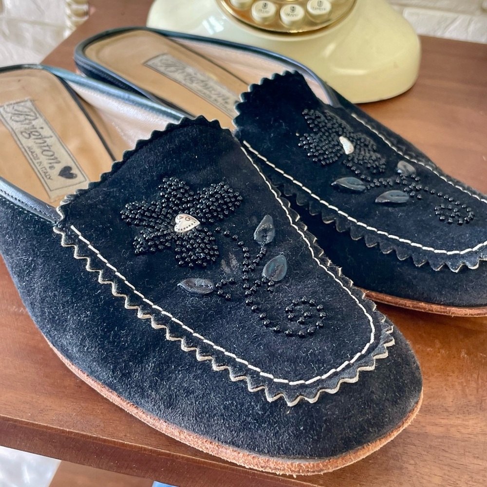 Brighton Melani Black Suede Leather Floral Beaded Mules Size 6.5 - Picture 3 of 15